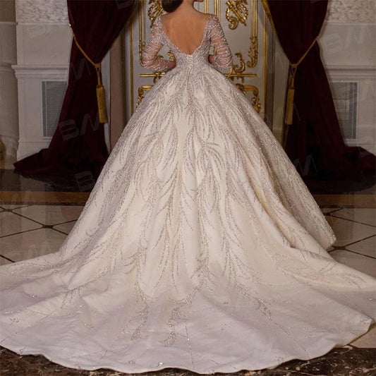 Beaded Sexy Bride Dresses Vestidos De Novia Luxury Hand Beaded Long Sleeve Wedding Dress Ball Gown Long Chapel Train