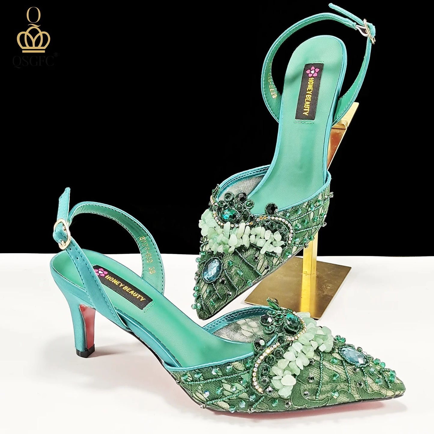 Italian Design Rhinestones and Coral Stones Ladies Party Shoes High Heels Pointed Toe Coffee Color Women's Shoes