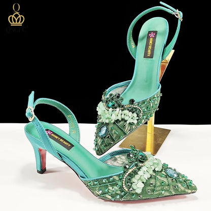 Italian Design Rhinestones and Coral Stones Ladies Party Shoes High Heels Pointed Toe Coffee Color Women's Shoes