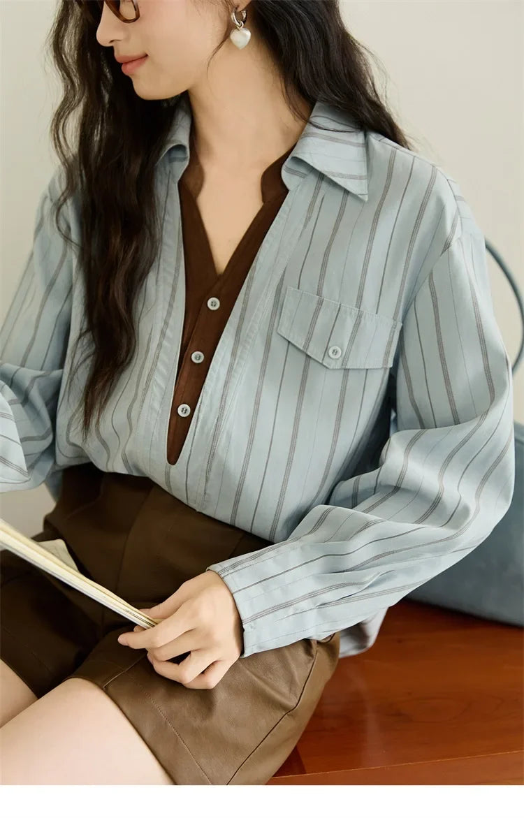 Peach Skin Velvet Stripe Shirt for Women Autumn 2025 Double Layered Collar Contrasting Color Shirt Commute Top MXE47C2408
