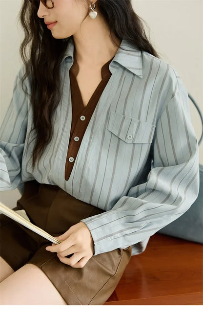 Peach Skin Velvet Stripe Shirt for Women Autumn 2025 Double Layered Collar Contrasting Color Shirt Commute Top MXE47C2408