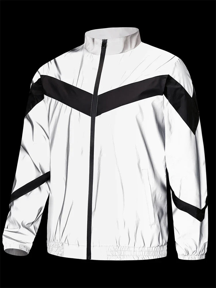 Night Reflective Jacket Men's Fashion Stand Collar Splicing Spring Autumn Casual Jacket Trendy Hip-hop Dance Streetwear