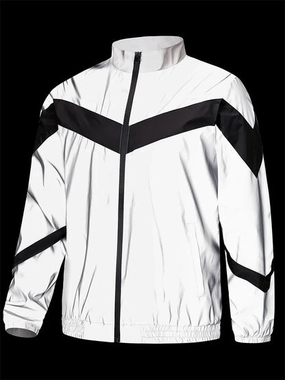 Night Reflective Jacket Men's Fashion Stand Collar Splicing Spring Autumn Casual Jacket Trendy Hip-hop Dance Streetwear