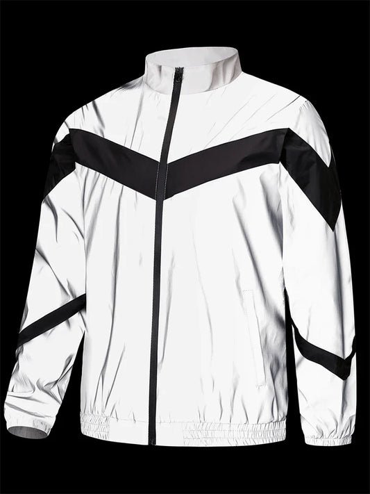 Night Reflective Jacket Men's Fashion Stand Collar Splicing Spring Autumn Casual Jacket Trendy Hip-hop Dance Streetwear