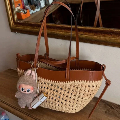 2026 Summer Hollow-out Raffia and Pu Leather Everyday Bag Lightweight Handcrafted Large Straw Tote Bag for Women Beach Bags