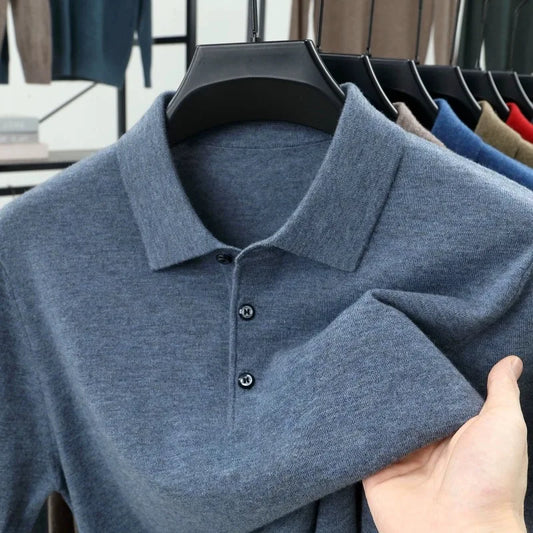 Fashion luxury knitted long sleeve polo shirt men's autumn new trend simple solid color soft skin friendly comfort lapel sweater