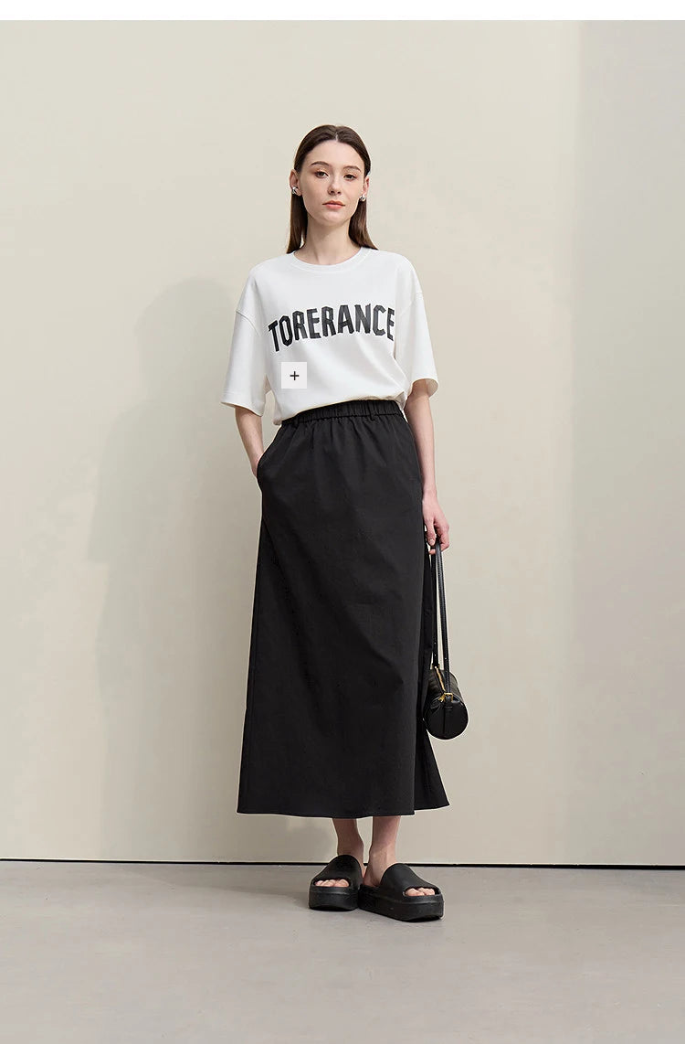 Women's Skirt 2026 Summer New Leisure Elastic Waist Slit A-Line Midi Skirt Women's Loose Embroidered Woman Clothes 12621058