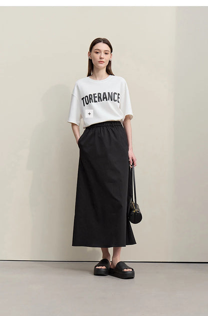 Women's Skirt 2026 Summer New Leisure Elastic Waist Slit A-Line Midi Skirt Women's Loose Embroidered Woman Clothes 12621058