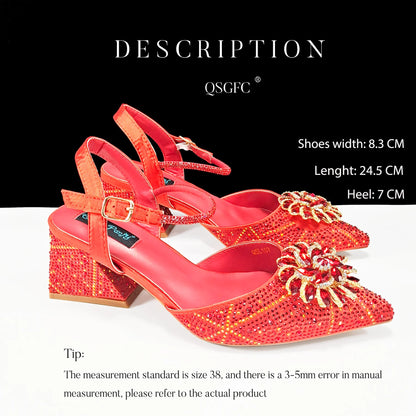 New Style Evening Shoes and Bag Set Comfortable Thick Heel Shoes With Oval Stand Bag Comes with Metal Double Chain