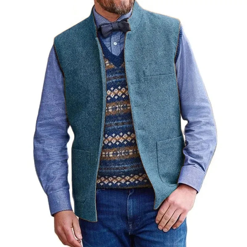 Men Vest Brown Herringbone Single Button Stand Collar Waistcoat For Wedding Business Banquet Work Daily Casual Men Suit Vest