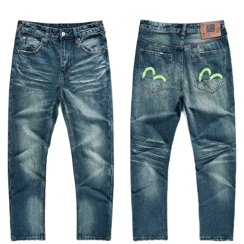 Men's Japanese Handmade Embroidered Jeans Pure Cotton Straight Tube Hip-Hop Popular Slim Red Ears Show Thin Trousers Devil Black