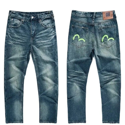 Men's Japanese Handmade Embroidered Jeans Pure Cotton Straight Tube Hip-Hop Popular Slim Red Ears Show Thin Trousers Devil Black