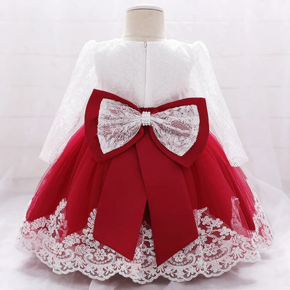 Long Sleeve Baby Girls Dress Newborn White Baptism Tulle Party Wedding 1st Birthday Princess Dresses Infant Girls Bow Prom Gown