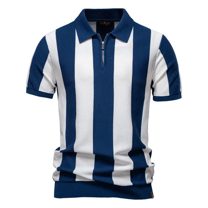 2025 New Summer Men's Breathable Striped Contrast Panel Polo Shirt - Casual Short Sleeve Knit Shirt with Comfort Fit