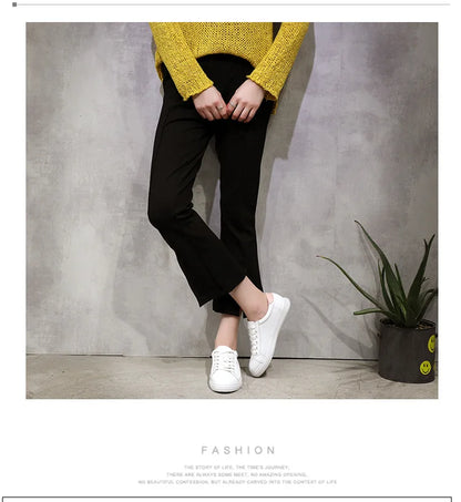 Women's Ladies Female Genuine Leather White Shoes Flats Lace Up Moccasins Spring Autumn Vulcanized Shoes Korean