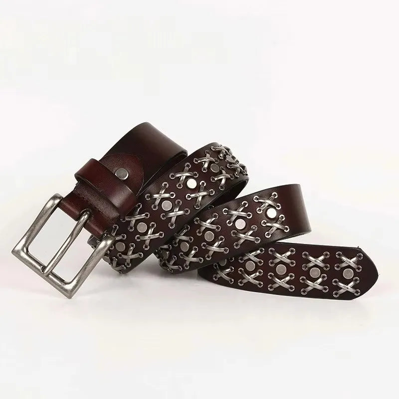 3.8CM Cowboy Punk Belt Real Genuine Leather Men Belt Metal Stud Rivet Jeans Belts For Men Strap Ceinture Homme Male Strap