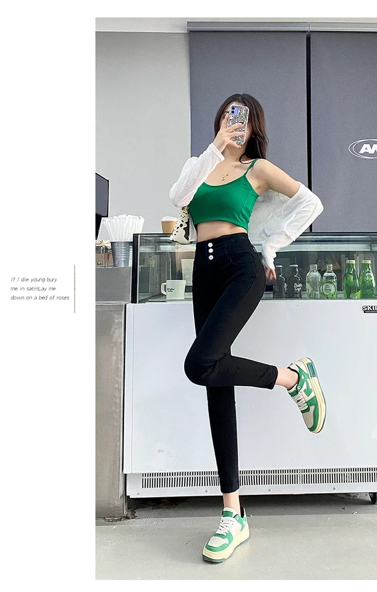 New Women's High Waist Stretch Jeans Blue Black Gray Fashionable and Versatile Multi-button Popular Slim Denim Long Pants Female
