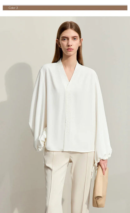 Chiffon Women's Blouse 2025 Autumn New V-neck Letter Embroidered Top Elegant Lantern Sleeve Loose Women's Shirt 12421028