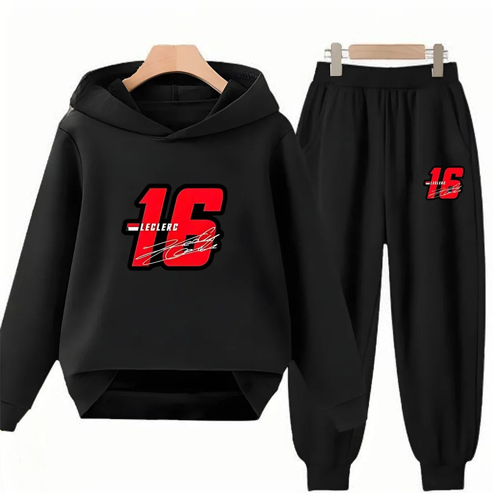 Children Hoodie Racing Sports driver number 16 Boys Girls Print Pullover 3-12Yrs Coat +Pants Toddler Clothes Leisure Black Set