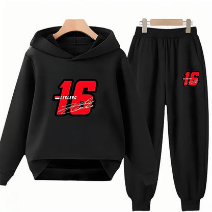 Children Hoodie Racing Sports driver number 16 Boys Girls Print Pullover 3-12Yrs Coat +Pants Toddler Clothes Leisure Black Set