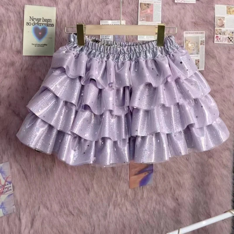 Summer Sweet Princess Mini Skirt Women Hot Girl Subculture Purple Color Short Skirt Y2k Harajuku Fashion Bow Puffy Cake Skirt