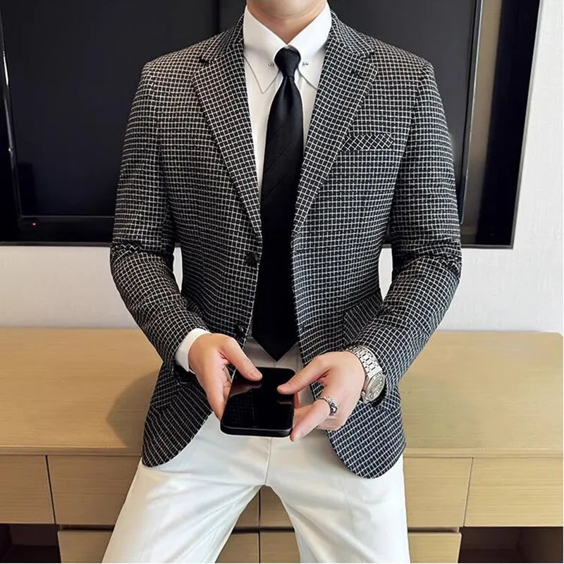 British Style Plaid Suit Jacket For Men 2025 New Business Casual Slim Blazer Formal Wedding Party Suit Dress Coats Men Clothing