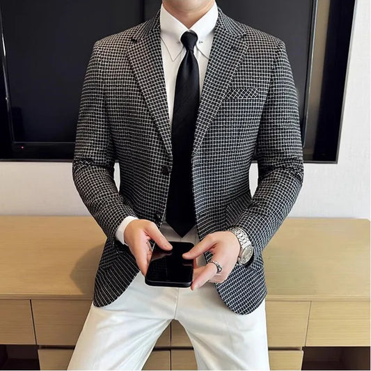British Style Plaid Suit Jacket For Men 2025 New Business Casual Slim Blazer Formal Wedding Party Suit Dress Coats Men Clothing