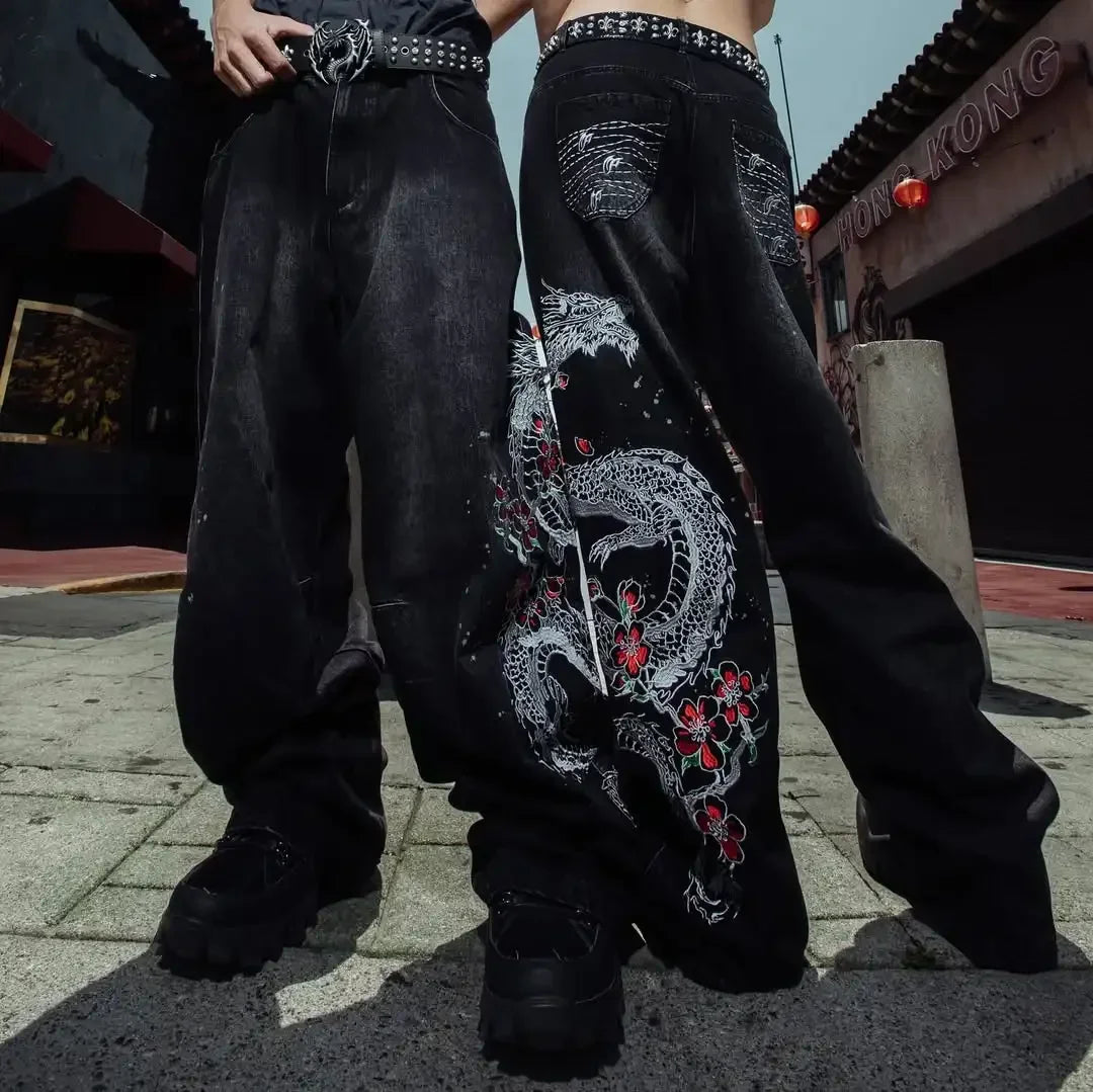 Japanese Harajuku Jeans Mens New Dragon High Quality Jeans Gothic Y2K Vintage Hip Hop Streetwear Denim Fabric Wide Leg Pants