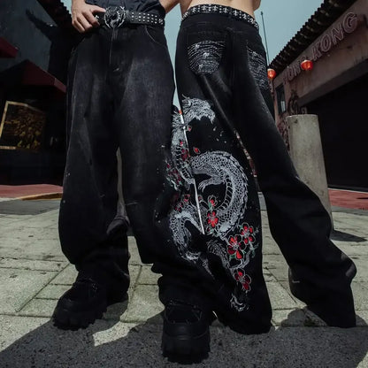 Japanese Harajuku Jeans Mens New Dragon High Quality Jeans Gothic Y2K Vintage Hip Hop Streetwear Denim Fabric Wide Leg Pants