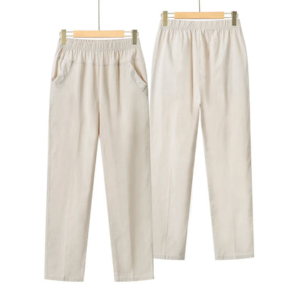 Summer Casual Washed Cotton Women's Plus Size Pants 2025 Elastic Waist Office Casual Outdoor Trousers Breathable Cool Clothing
