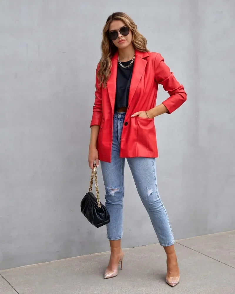 Elegant Chic Jacket Office Lady Long Sleeve Lapel Collar Single Breasted Pocket Coat Outwear 2025 Women PU Leather Suit Blazer
