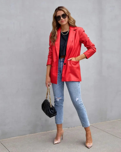 Elegant Chic Jacket Office Lady Long Sleeve Lapel Collar Single Breasted Pocket Coat Outwear 2025 Women PU Leather Suit Blazer