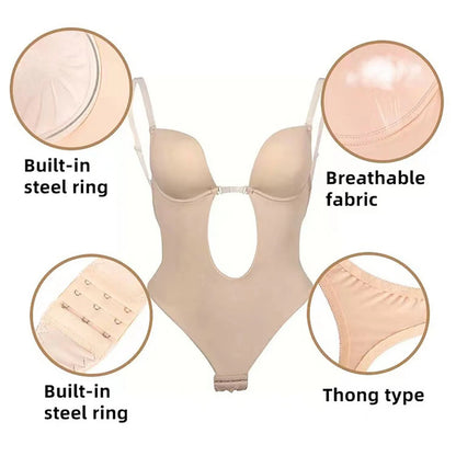 Invisible Shaper Bra Bodysuit Women Corset Backless Deep V U-Plunge Thong Waist Trainer Clear Strap Padded Push Up Shapewear