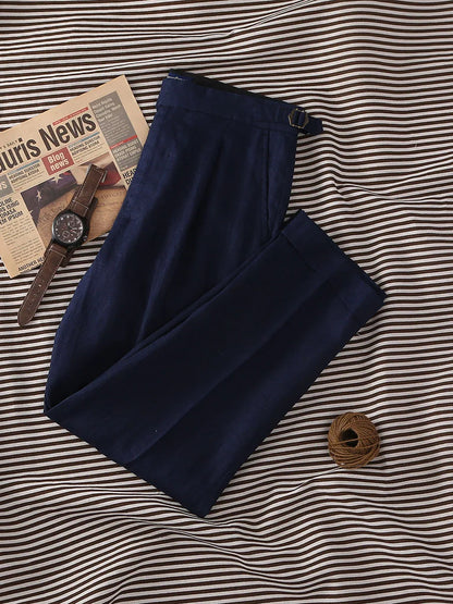 Navy pure linen Paris button micro-tapered slacks Italian casual single-pleat suit pants for men customized