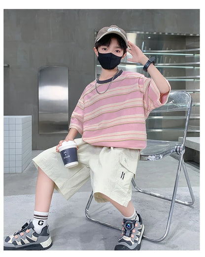 Children Summer Pink Blue Striped Suit Top and Bottom Clothes Set For Teen Boy New Fashion Tracksuit Outfit Kids Casual Clothing