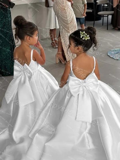 White Flower Girl Dress With Bow Strap Mini Bridal Wedding Dress Kids Ball Gown 1st Communion Frock Customized Vestidos De Noiva