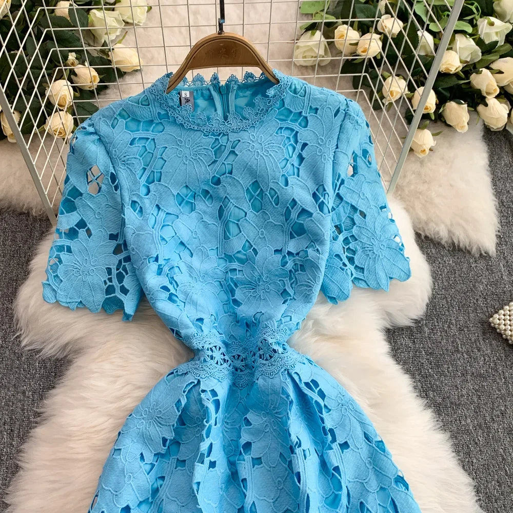 Ele Summer Lace round Ne Dr Women's High Waist Slimming Long Skirt Korean Sle Commute High Softn Regular Sve
