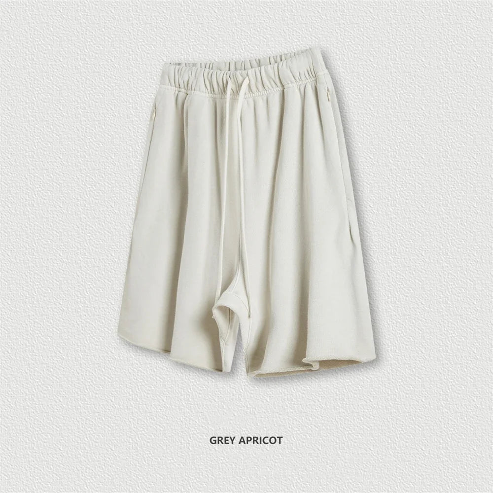 New Summer Men Retro Washed Shorts Unisex Drawstring Loose Edge 420gsm Solid Knee Length Cotton Pants Streetwears HY0589
