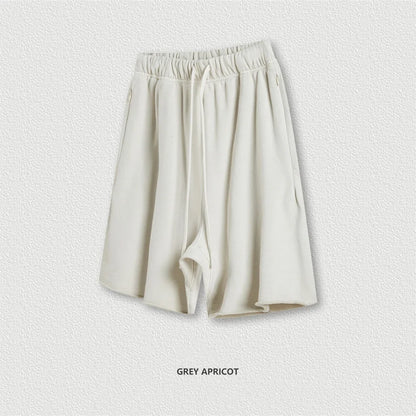 New Summer Men Retro Washed Shorts Unisex Drawstring Loose Edge 420gsm Solid Knee Length Cotton Pants Streetwears HY0589