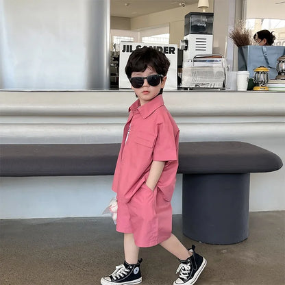 Summer Baby Boys Cotton Stylish Plain Pink Short Sleeve Shirt Top+Shorts Pant Set Kids 2PCS Suit Children Vacation Outfit 1-8Yr