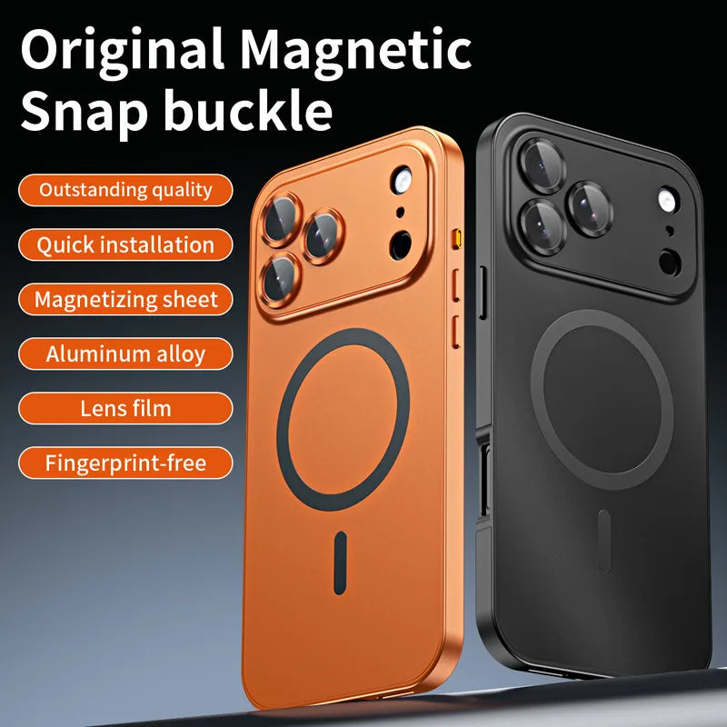For iPhone Air, 17 Pro Max Magnetic Case ELVEV Anti-fingerprint Alloy Snap Buckle Phone Cover with Alloy Lens Ring Film