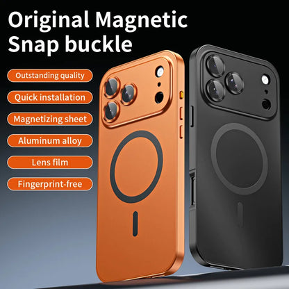 For iPhone Air, 17 Pro Max Magnetic Case ELVEV Anti-fingerprint Alloy Snap Buckle Phone Cover with Alloy Lens Ring Film