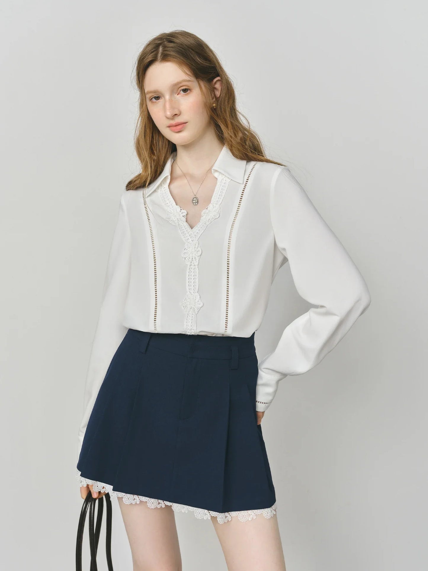 Summer 2025 Heavy Embroidery Blouse - Lace Panel Long Sleeve Relaxed Fit Women's Casual Top