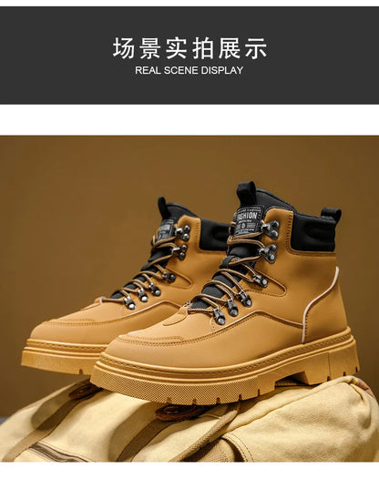 New Men's Leather Boots Brand Retro Comfortable Boots for Men 2026 Fashion High Top Non Slip Casual Shoes Business Work Shoes