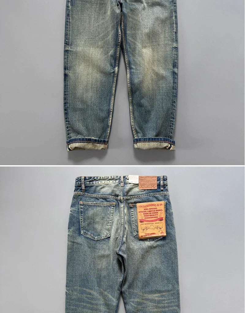 13.5oz Men's Japanese Indigo Blue Selvedge Straight Leg Denim Jeans for Men Artisan Vintage Spring Washed with Raw Hem Detailing