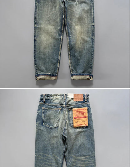 13.5oz Men's Japanese Indigo Blue Selvedge Straight Leg Denim Jeans for Men Artisan Vintage Spring Washed with Raw Hem Detailing