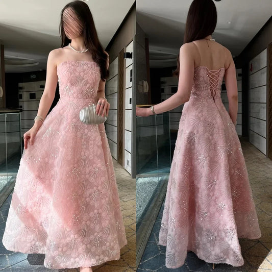 Customized Modern Style Intricate Flower Sequined A-line Strapless Long Dresses Bespoke Occasion Dresses Sizes Available Sexy