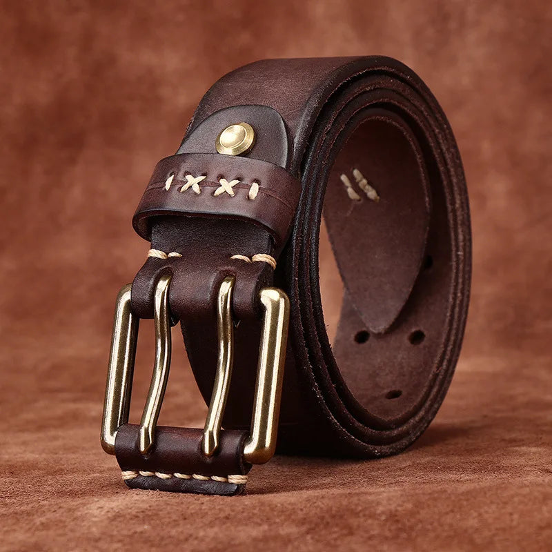 3.8CM Retro Real Genuine Leather Belt Brass Buckle Luxury Designer Belts Men Pure Cowskin Strap Male Cowboy Jeans Belt for Man