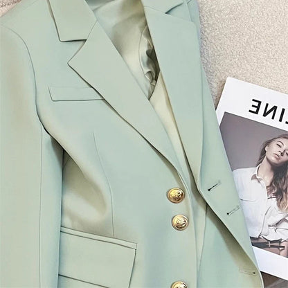 Mint Green Women Blazers 2025 Spring New Jackets Single Breasted Unique Cuff Design Notched Casual Suit Jacket Fashion Lady Coat
