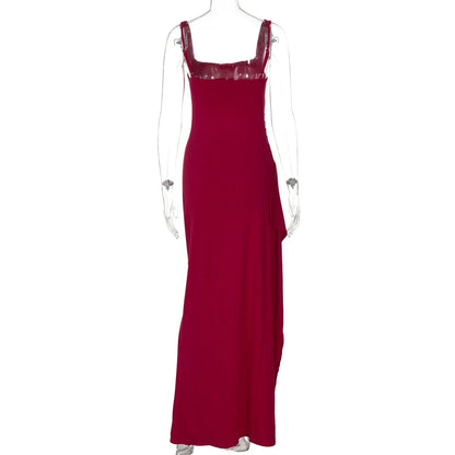 Women Elegant Solid Straps Slit Ruched Patchwork Sexy Bodycon Maxi Dress Summer Outfits Evening Party Birthday Festival